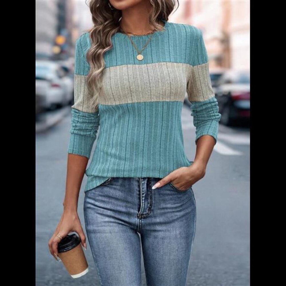 Color Block Round Neck Long Sleeve Top